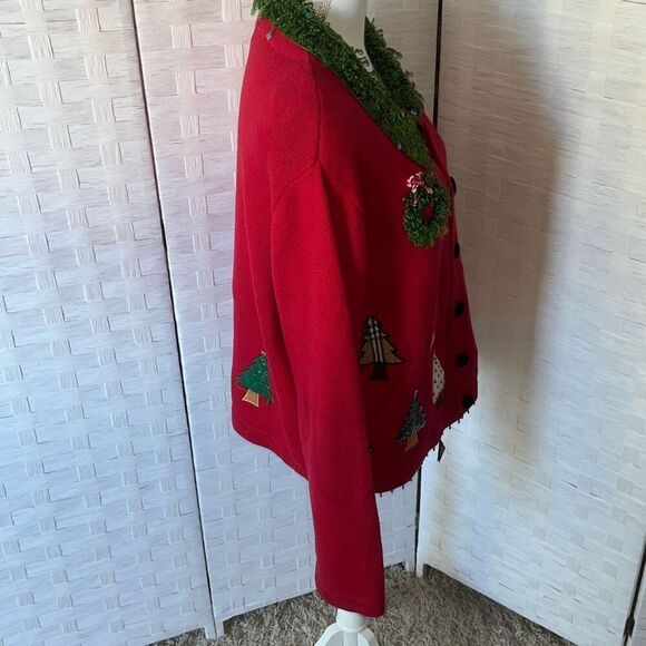 Vintage Berek 2 Red Christmas Sweater Takako Sakon Button Front Size Large - Picture 4 of 16